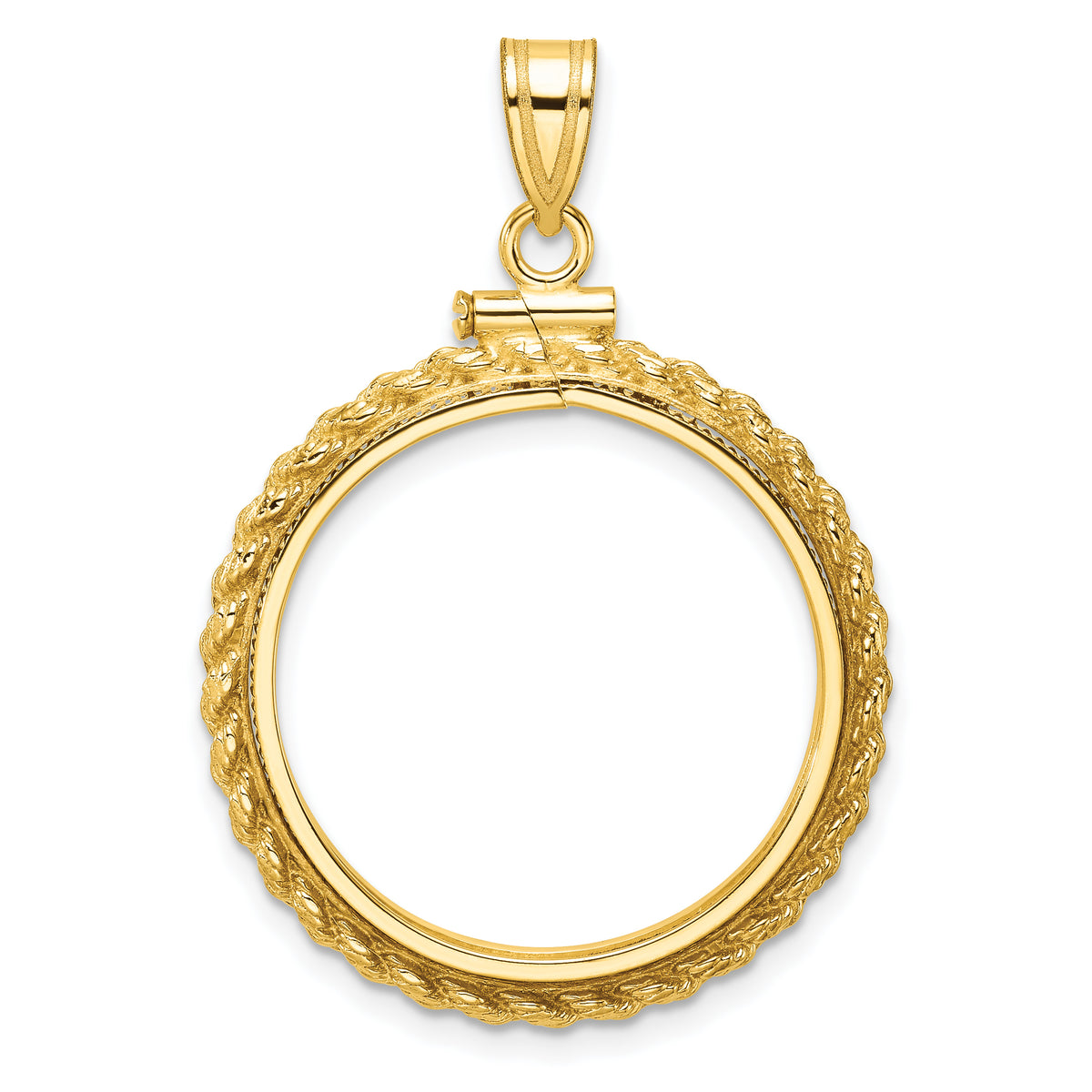 14K Yellow Gold 22 mm Coin Bezel Holder Pendant Charm Rope Edge 1/4 oz American Eagle Panda 2 Rand US $5 Jamestown Screw Top