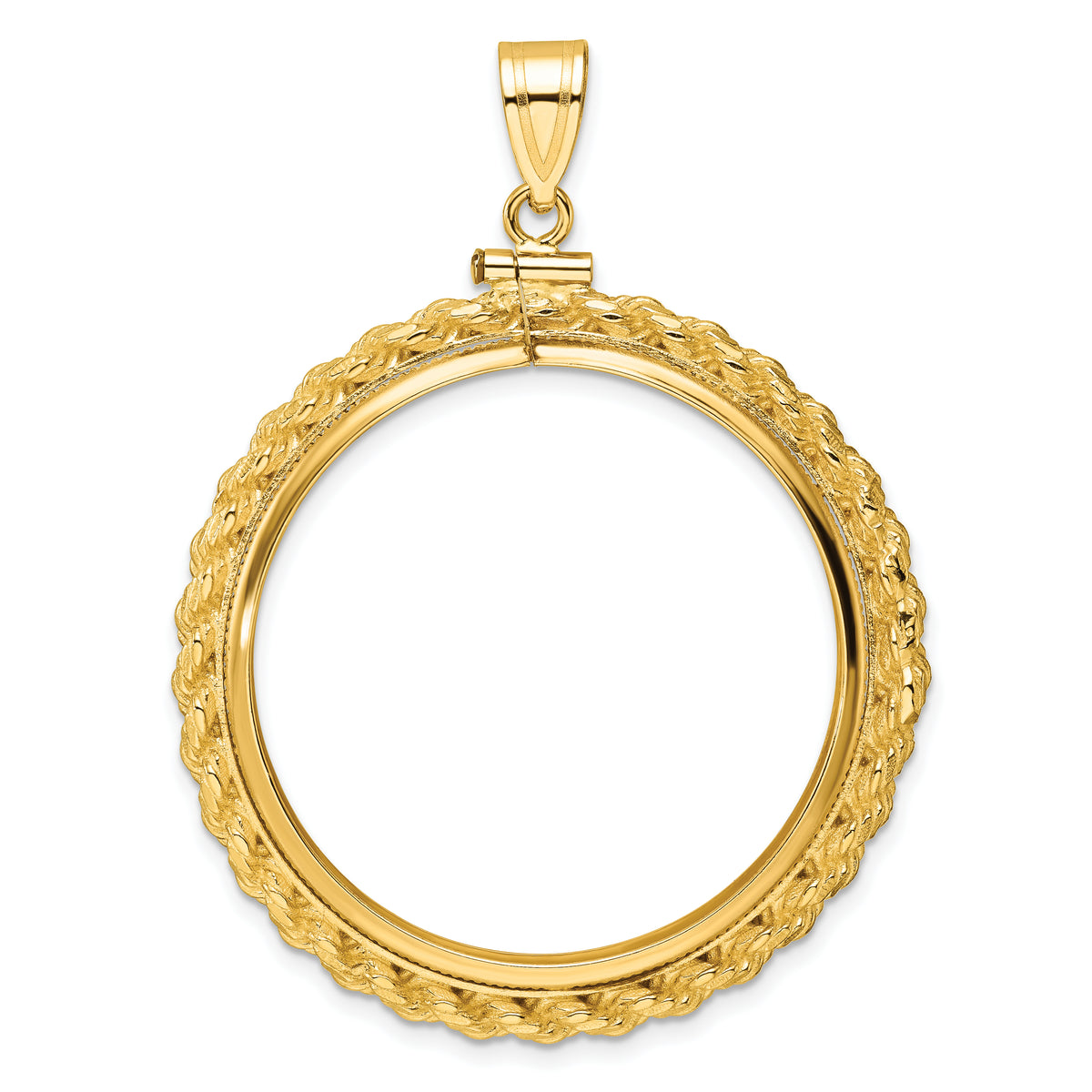 14K Yellow Gold 32.7 mm Coin Bezel Holder Pendant Charm Rope Edge 1 oz American Eagle Cat Krugerrand Screw Top