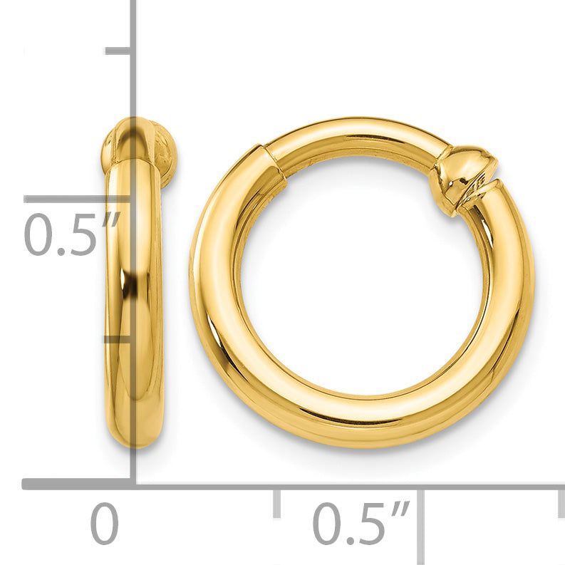 14K Yellow Gold 15mm x 2.5mm Non Pierced Round Hoop Earrings