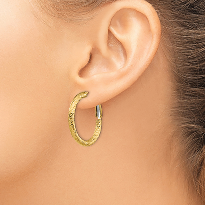 14K Yellow Gold 20mm x 3mm Diamond Cut Omega Back Round Hoop Earrings