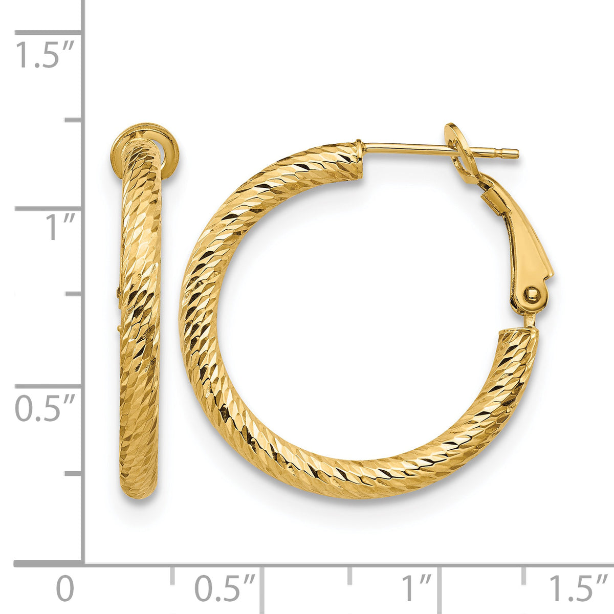14K Yellow Gold 20mm x 3mm Diamond Cut Omega Back Round Hoop Earrings