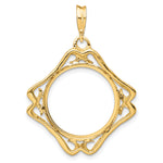 Indlæs billede til gallerivisning 14K Yellow Gold 17.8 mm Coin Bezel Holder Pendant Cushion Shaped Scroll Design US $2.50 Dollar Liberty Indian Barber Dime Mercury Dime Prong
