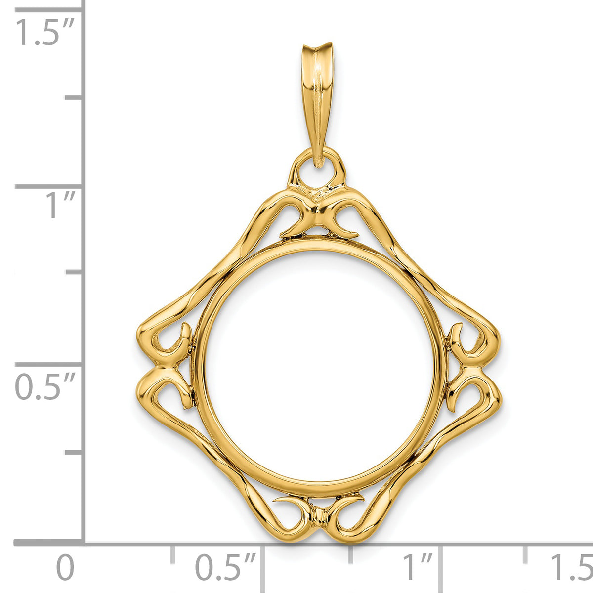 14K Yellow Gold 17.8 mm Coin Bezel Holder Pendant Cushion Shaped Scroll Design US $2.50 Dollar Liberty Indian Barber Dime Mercury Dime Prong