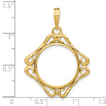 Indlæs billede til gallerivisning 14K Yellow Gold 17.8 mm Coin Bezel Holder Pendant Cushion Shaped Scroll Design US $2.50 Dollar Liberty Indian Barber Dime Mercury Dime Prong
