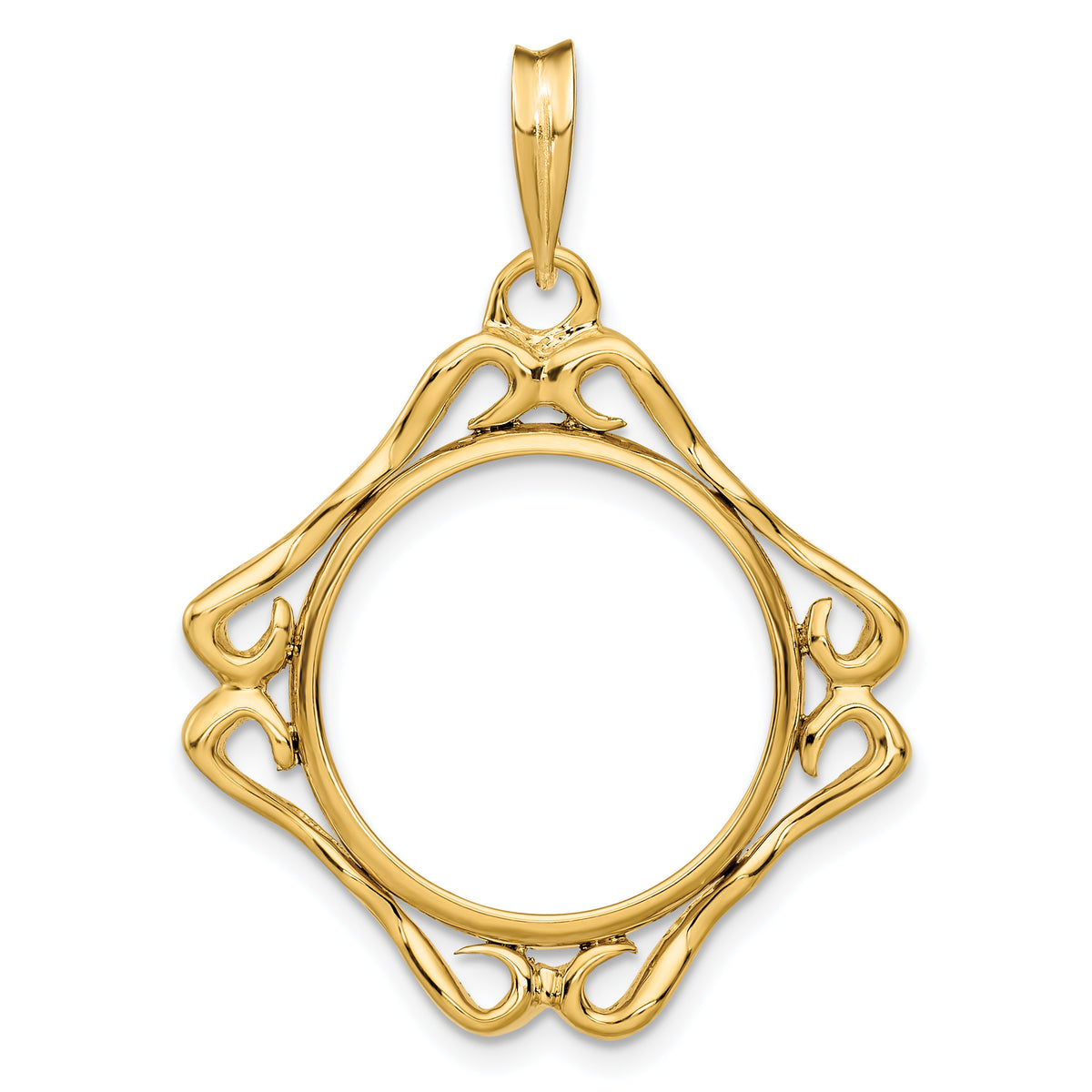 14K Yellow Gold 17.8 mm Coin Bezel Holder Pendant Cushion Shaped Scroll Design US $2.50 Dollar Liberty Indian Barber Dime Mercury Dime Prong