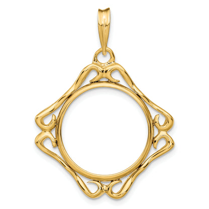 14K Yellow Gold 17.8 mm Coin Bezel Holder Pendant Cushion Shaped Scroll Design US $2.50 Dollar Liberty Indian Barber Dime Mercury Dime Prong