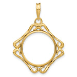Indlæs billede til gallerivisning 14K Yellow Gold 17.8 mm Coin Bezel Holder Pendant Cushion Shaped Scroll Design US $2.50 Dollar Liberty Indian Barber Dime Mercury Dime Prong
