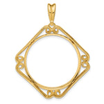 Kép betöltése a galériamegjelenítőbe: 14K Yellow Gold 27 mm Coin Bezel Holder Pendant Cushion Shaped Scroll Design 1/2 oz American Eagle Panda US $10 Dollar Liberty Indian Prong

