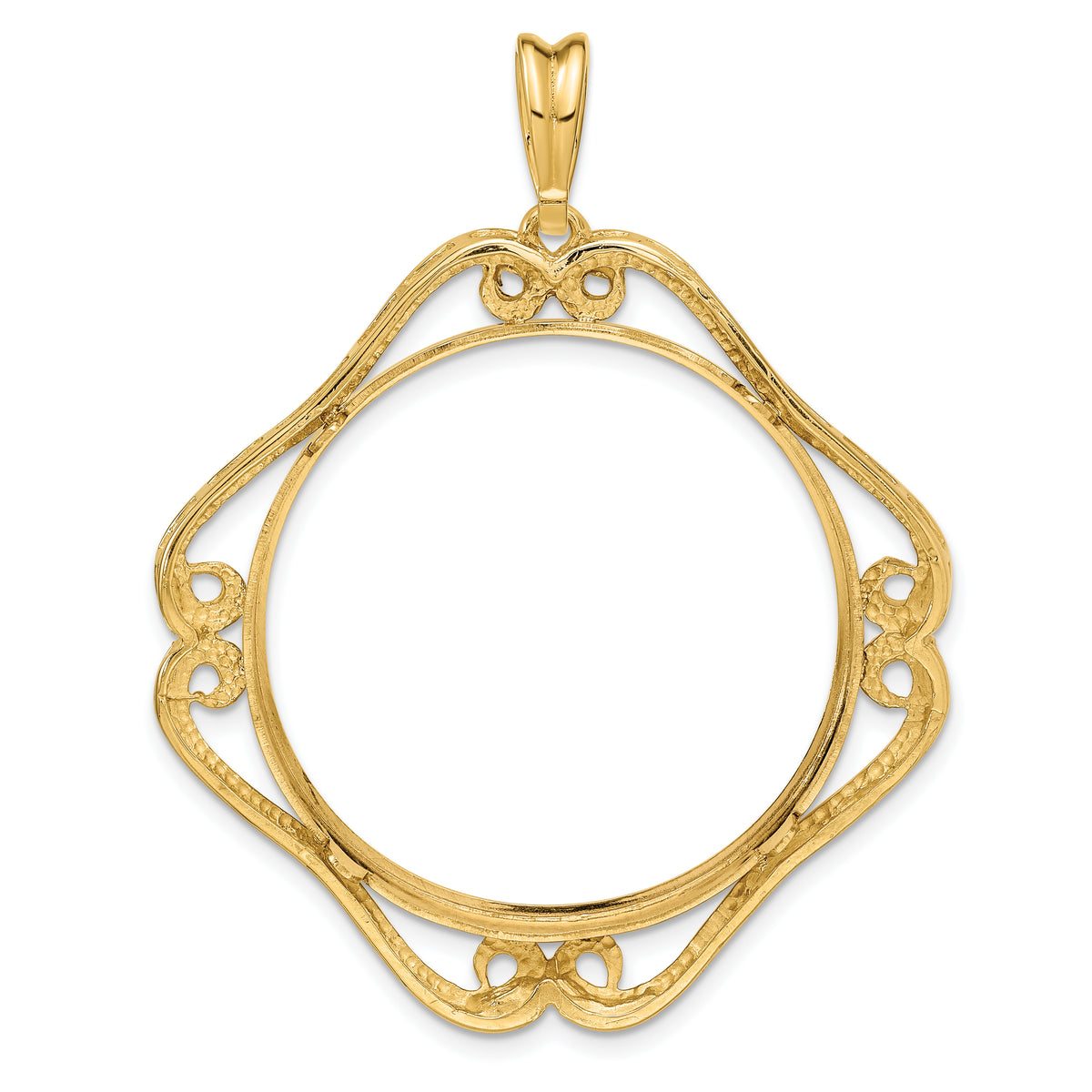 14K Yellow Gold 30 mm Coin Bezel Holder Pendant Cushion Shaped Scroll Design 1 oz Maple Leaf 1/2 oz Cat Prong