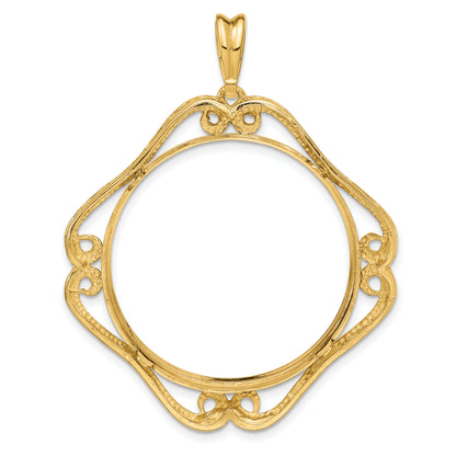 14K Yellow Gold 30 mm Coin Bezel Holder Pendant Cushion Shaped Scroll Design 1 oz Maple Leaf 1/2 oz Cat Prong