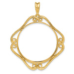 Carregar imagem no visualizador da galeria, 14K Yellow Gold 30 mm Coin Bezel Holder Pendant Cushion Shaped Scroll Design 1 oz Maple Leaf 1/2 oz Cat Prong
