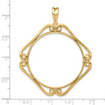 Load image into Gallery viewer, 14K Yellow Gold 34.2 mm Coin Bezel Holder Pendant Cushion Shaped Scroll Design US $20 Dollar Liberty Saint-Gaudens Prong
