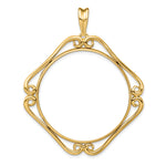 Load image into Gallery viewer, 14K Yellow Gold 34.2 mm Coin Bezel Holder Pendant Cushion Shaped Scroll Design US $20 Dollar Liberty Saint-Gaudens Prong
