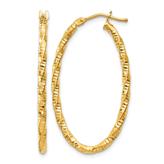 14K Yellow Gold 34mm x 19mm x 2mm Textured Oval Hoop Earrings