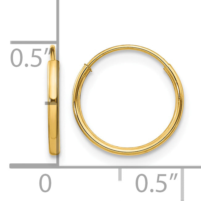 14K Yellow Gold 12mm x 1.25mm Endless Round Hoop Earrings