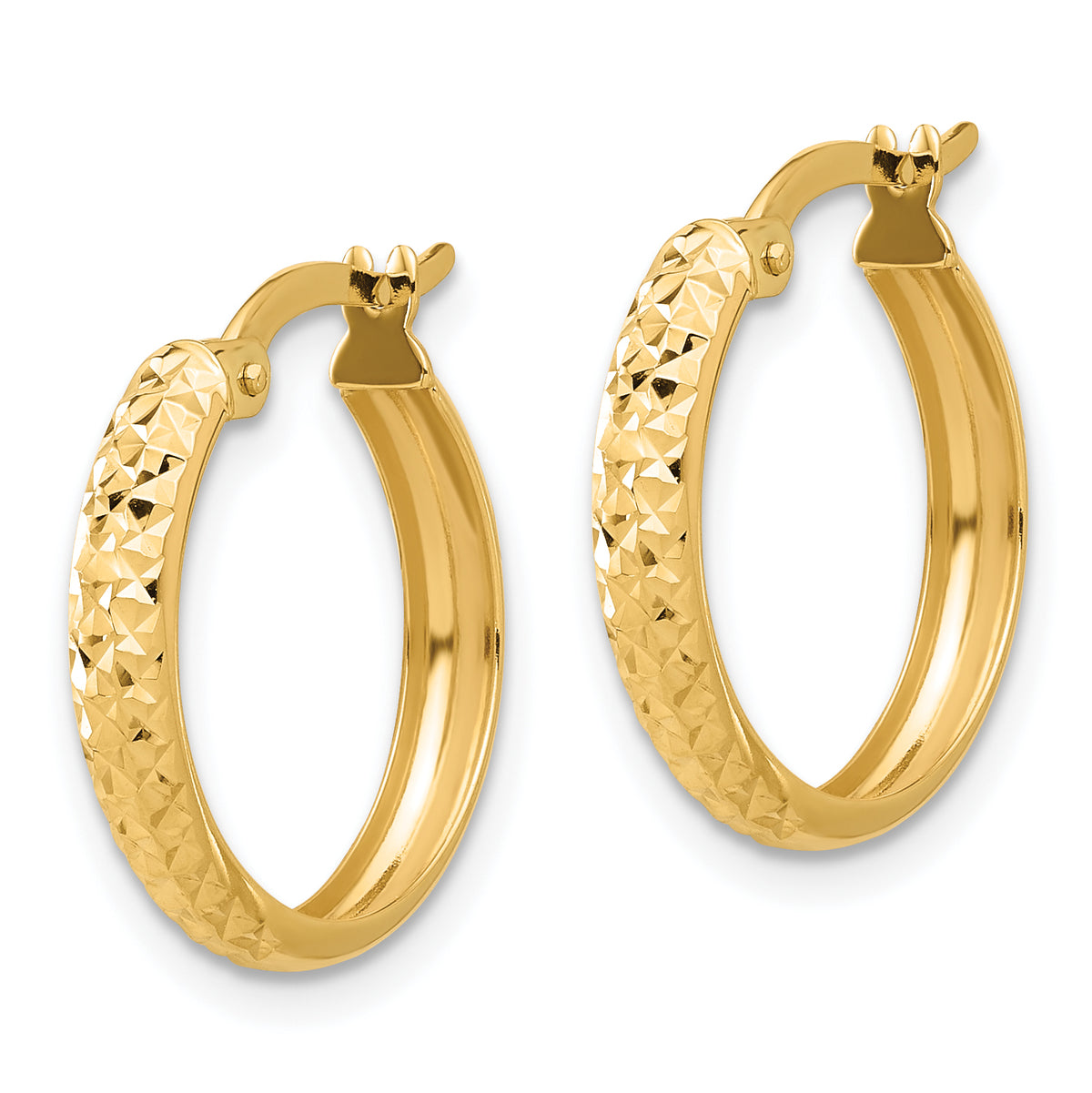 14K Yellow Gold 18mm x 3mm Diamond Cut Textured Round Hoop Earrings