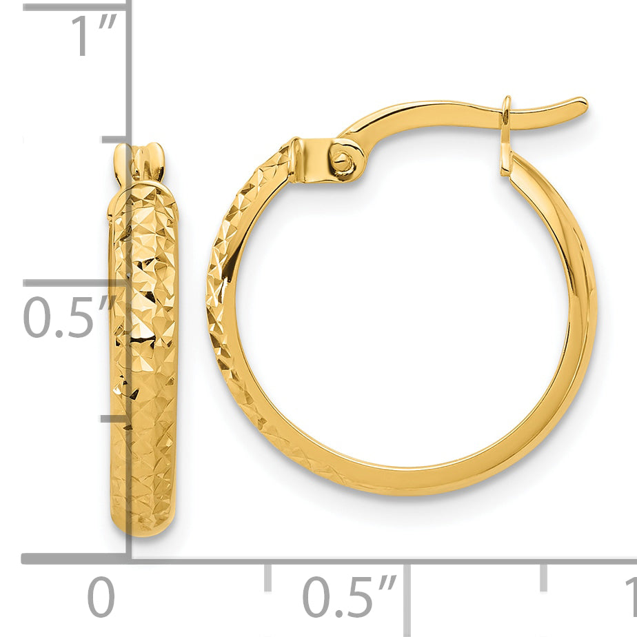 14K Yellow Gold 18mm x 3mm Diamond Cut Textured Round Hoop Earrings