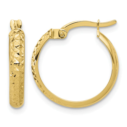 14K Yellow Gold 18mm x 3mm Diamond Cut Textured Round Hoop Earrings