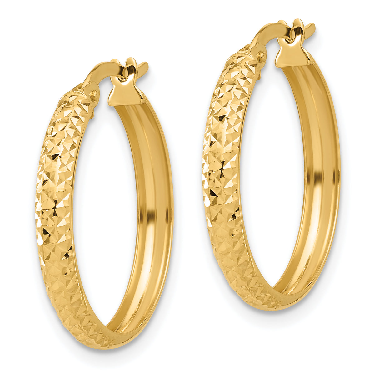 14K Yellow Gold 22mm x 3mm Diamond Cut Textured Round Hoop Earrings