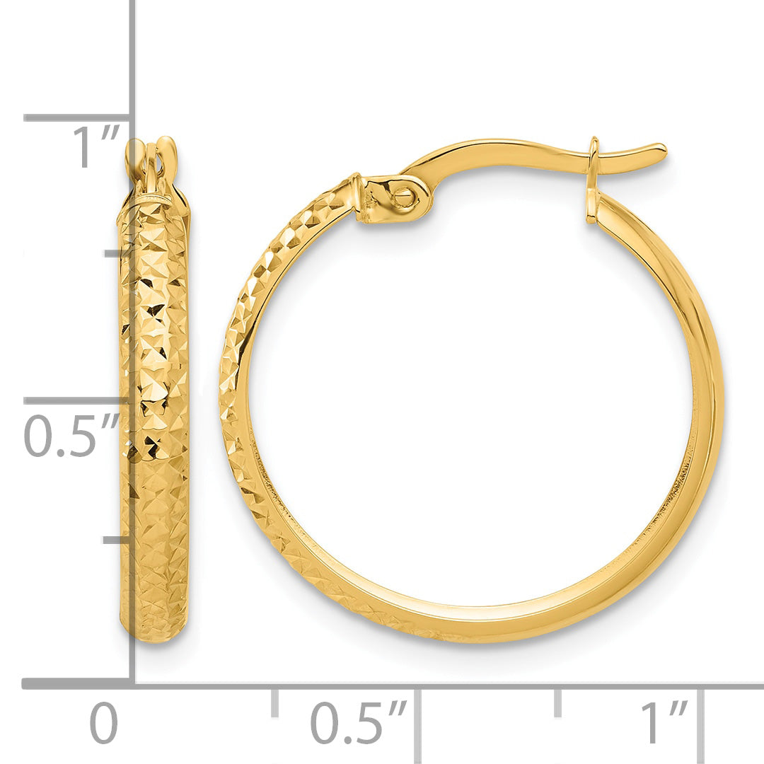 14K Yellow Gold 22mm x 3mm Diamond Cut Textured Round Hoop Earrings