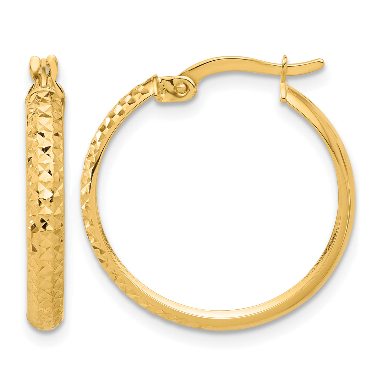 14K Yellow Gold 22mm x 3mm Diamond Cut Textured Round Hoop Earrings