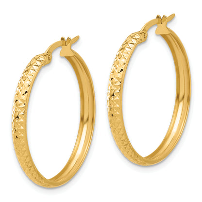 14K Yellow Gold 27mm x 3mm Diamond Cut Textured Round Hoop Earrings
