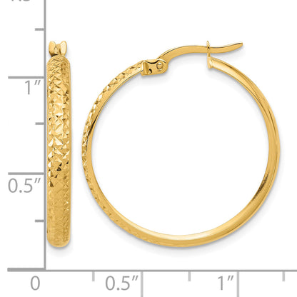 14K Yellow Gold 27mm x 3mm Diamond Cut Textured Round Hoop Earrings