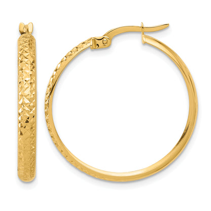 14K Yellow Gold 27mm x 3mm Diamond Cut Textured Round Hoop Earrings