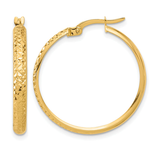 14K Yellow Gold 27mm x 3mm Diamond Cut Textured Round Hoop Earrings