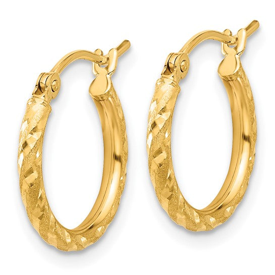 14k yellow gold polished satin diamond cut round hoop earrings 15mm x 2mm