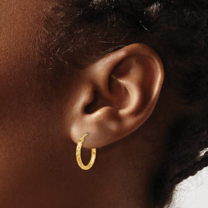 14k Yellow Gold Polished Satin Diamond Cut Round Hoop Earrings 15mm x 2mm