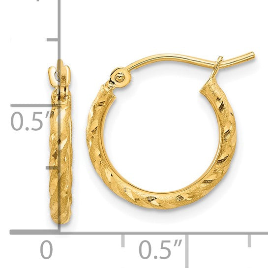 14k yellow gold polished satin diamond cut round hoop earrings 15mm x 2mm