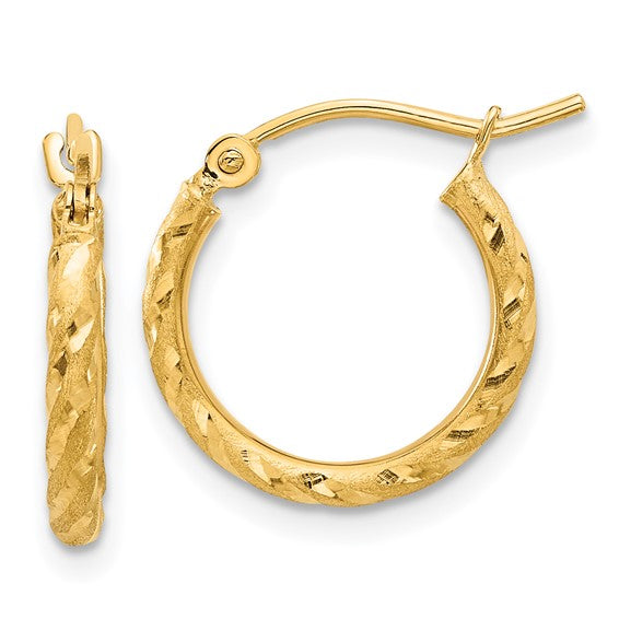 14k yellow gold polished satin diamond cut round hoop earrings 15mm x 2mm