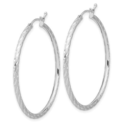 14k white gold polished satin diamond cut round hoop earrings 39mm x 2mm