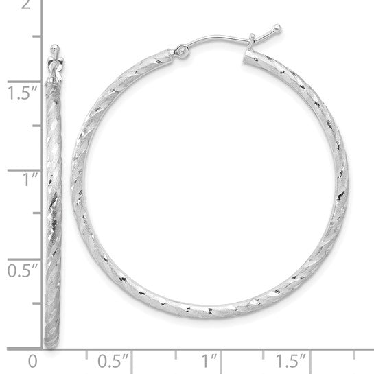 14k white gold polished satin diamond cut round hoop earrings 39mm x 2mm