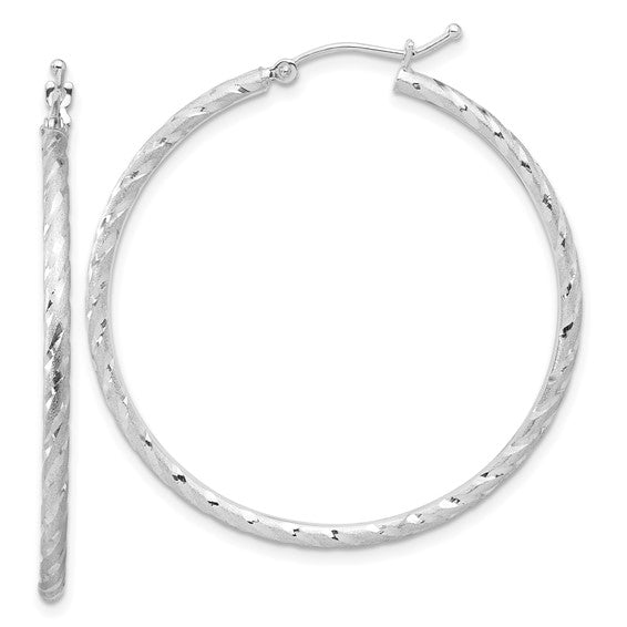 14k white gold polished satin diamond cut round hoop earrings 39mm x 2mm