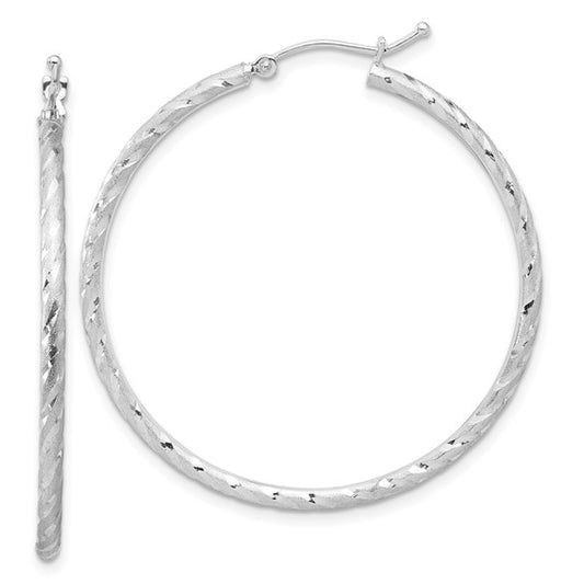 14k white gold polished satin diamond cut round hoop earrings 39mm x 2mm