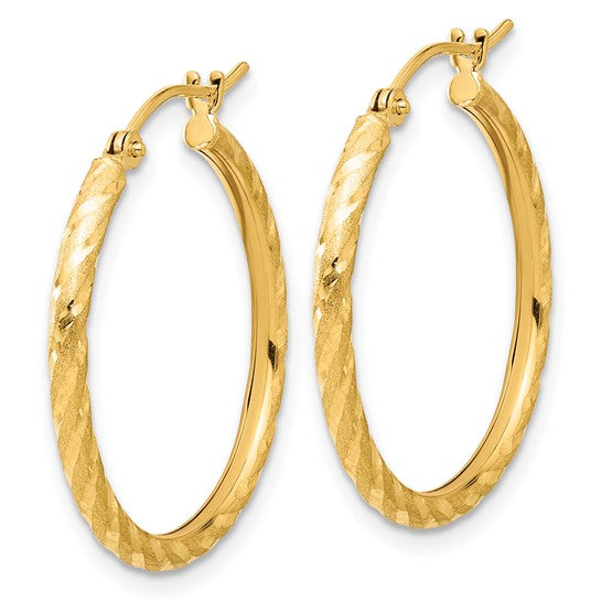 14k yellow gold polished satin diamond cut round hoop earrings 25mm x 2mm