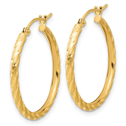 14k yellow gold polished satin diamond cut round hoop earrings 25mm x 2mm