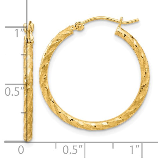 14k yellow gold polished satin diamond cut round hoop earrings 25mm x 2mm