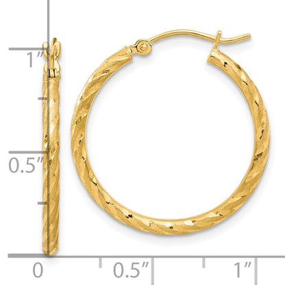 14k yellow gold polished satin diamond cut round hoop earrings 25mm x 2mm