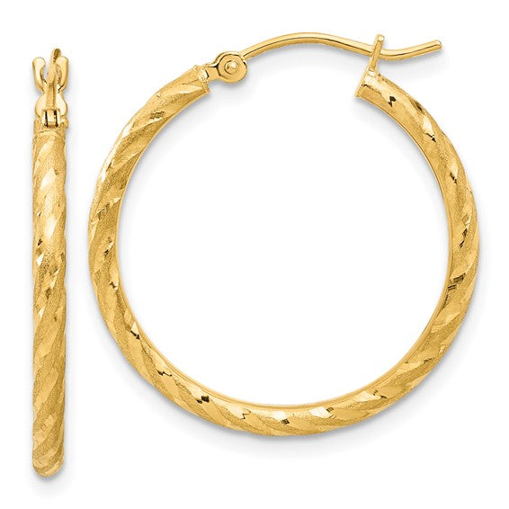 14k yellow gold polished satin diamond cut round hoop earrings 25mm x 2mm