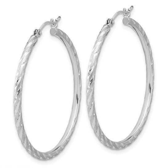 14k white gold polished satin diamond cut round hoop earrings 34mm x 2mm