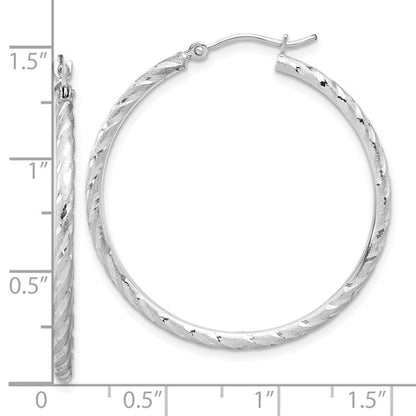 14k white gold polished satin diamond cut round hoop earrings 34mm x 2mm