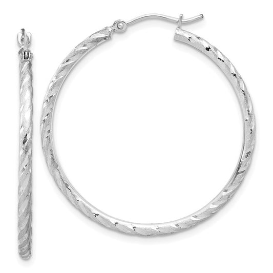 14k white gold polished satin diamond cut round hoop earrings 34mm x 2mm