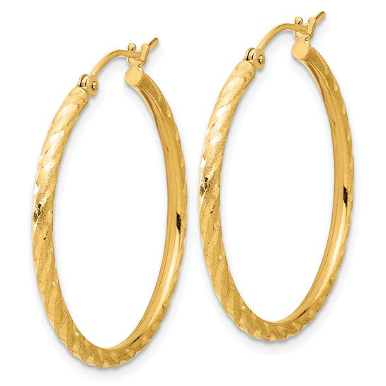 14k yellow gold polished satin diamond cut round hoop earrings 30mm x 2mm