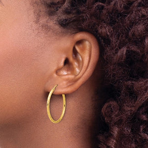14k Yellow Gold Polished Satin Diamond Cut Round Hoop Earrings 30mm x 2mm