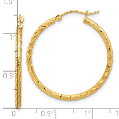 14k yellow gold polished satin diamond cut round hoop earrings 30mm x 2mm