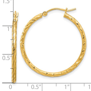14k Yellow Gold Polished Satin Diamond Cut Round Hoop Earrings 30mm x 2mm