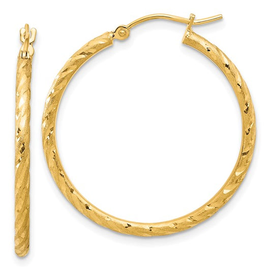 14k yellow gold polished satin diamond cut round hoop earrings 30mm x 2mm
